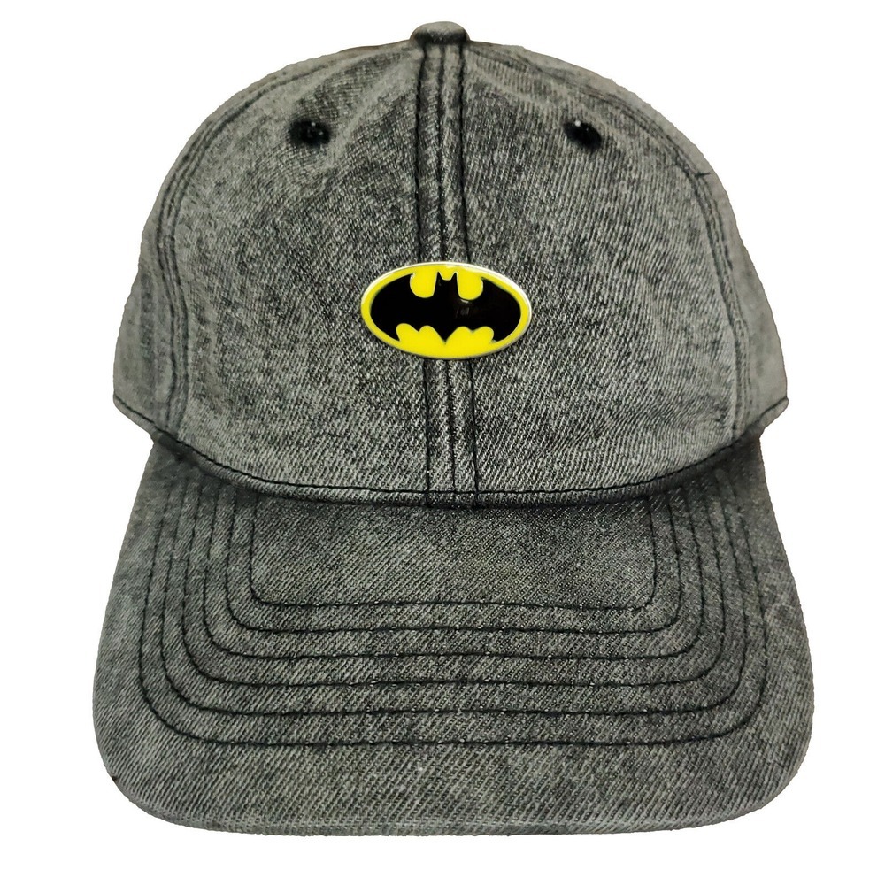 Batman DC Comics Dad Hat Cap Pin Logo Black Acid Wash‎ Denim Strapback NWT